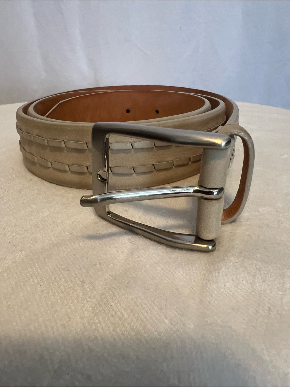 Trafalgar Cream Leather Belt with Woven-Detail and Silver Buckle